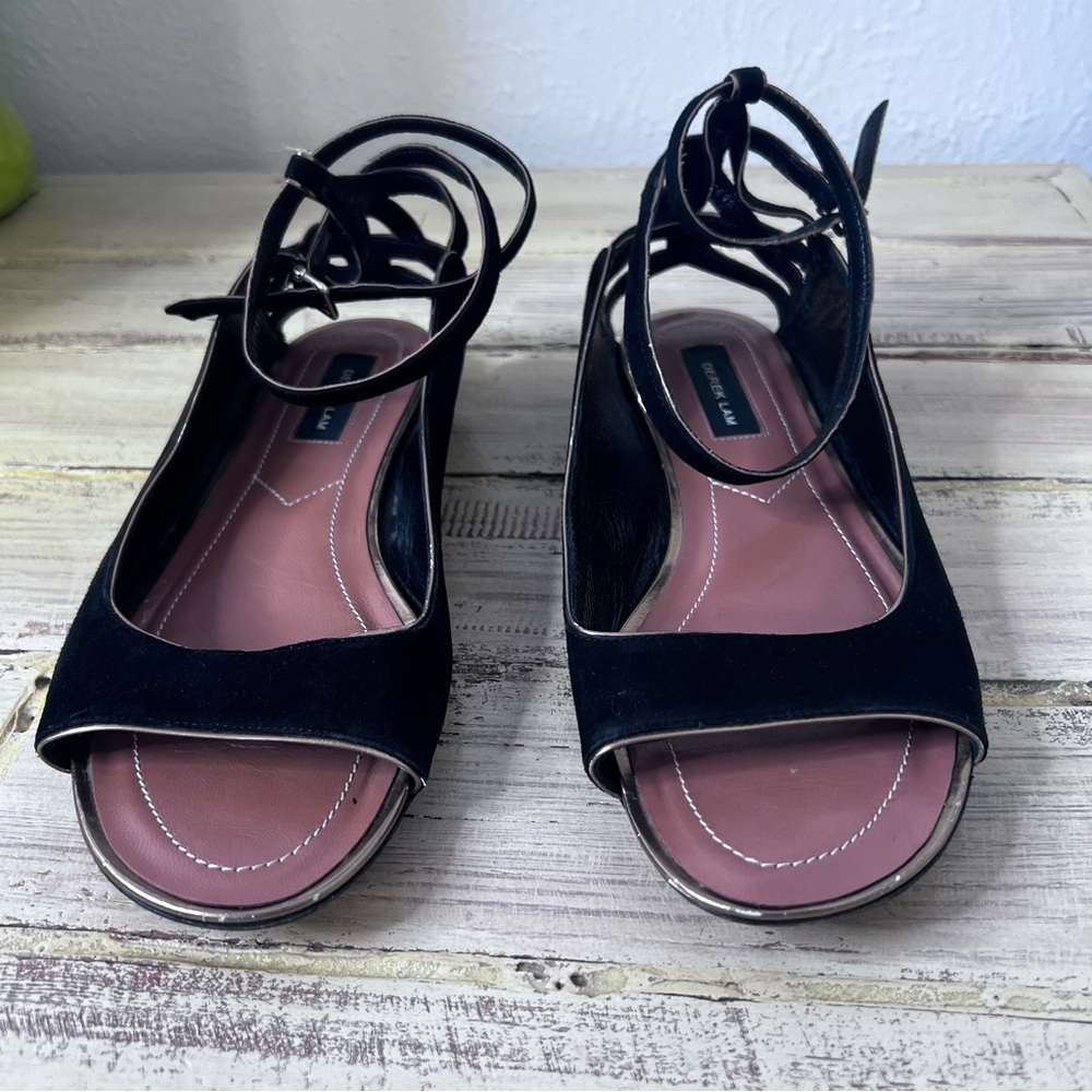 DEREK LAM Women's Black Suede Hanne Peep Toe Ankle Strap Flat Shoes Size 8.5